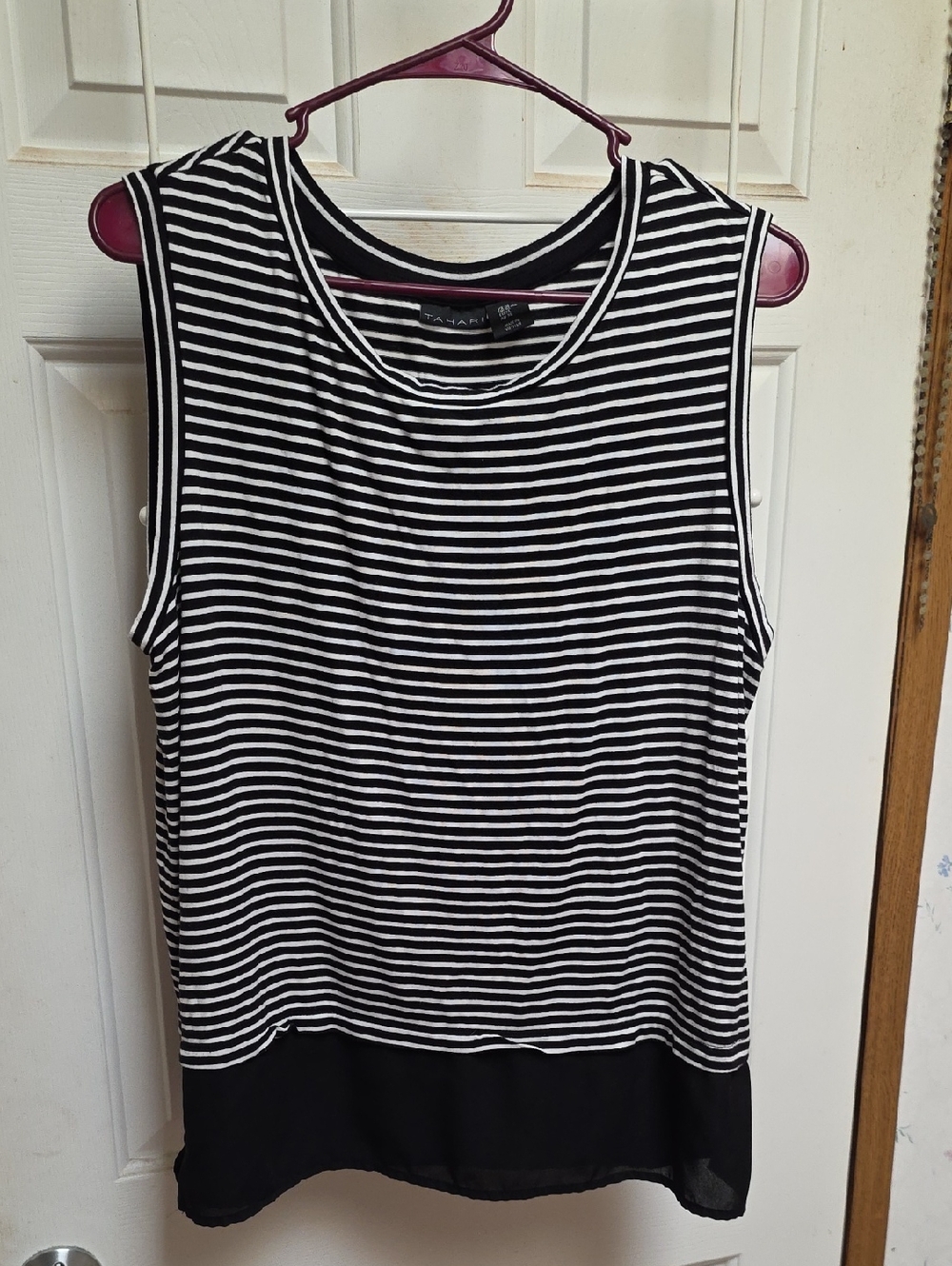 Tahari Black and White Striped Sleeveless Blouse